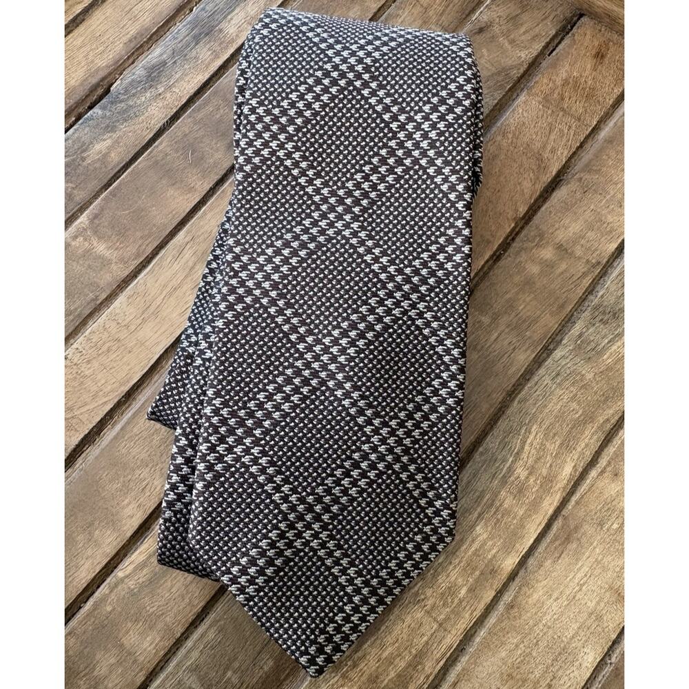 VTG Brooks Brothers 346 Silk Tie Brown Cream Diamond Geometric Woven USA 58" L